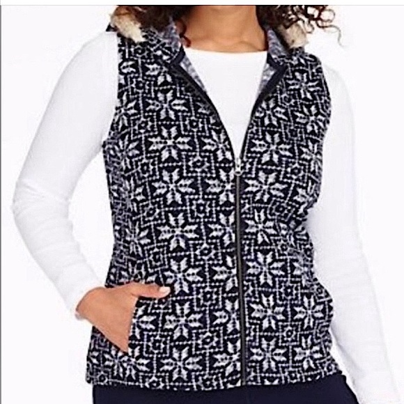 Talbots Navy Blue Nordic Fair Isle Snowflake Sweater Vest Fur Trim Hood Zip Up - Picture 13 of 13
